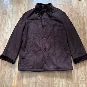 Perry Ellis Men Jacket Faux Fur Brown Suede Coat Overcoat Size M